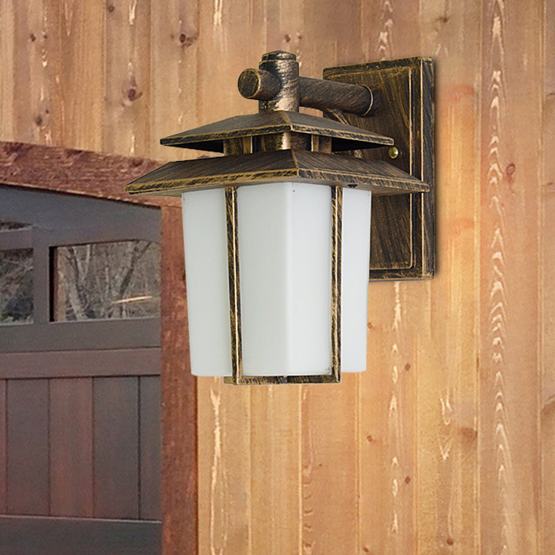Vivolux | Witte Glazen Lantaarn Wandlamp Lodge 1-Lamp Binnenplaats Wandverlichting Fixture in Brons/Zwart