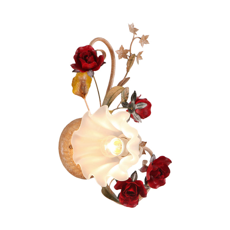 Vivolux | 1 Glühbirne Blumen Wandlampe Amerikanische Blume Rot Braun Mattiertes Weißes Glas Wandleuchte, Links/Rechts