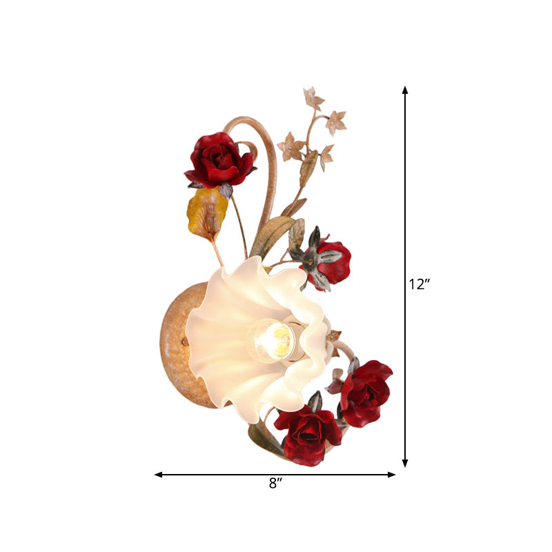 Vivolux | 1 Glühbirne Blumen Wandlampe Amerikanische Blume Rot Braun Mattiertes Weißes Glas Wandleuchte, Links/Rechts