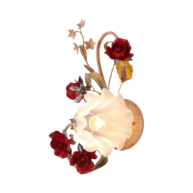 Vivolux | 1 Glühbirne Blumen Wandlampe Amerikanische Blume Rot Braun Mattiertes Weißes Glas Wandleuchte, Links/Rechts