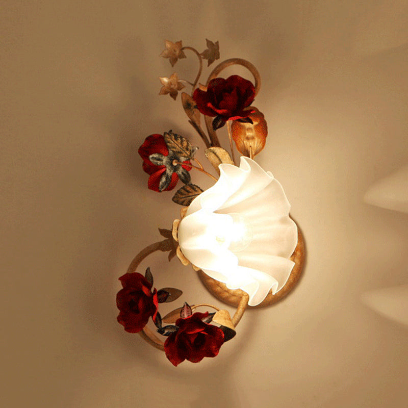 Vivolux | 1 Glühbirne Blumen Wandlampe Amerikanische Blume Rot Braun Mattiertes Weißes Glas Wandleuchte, Links/Rechts