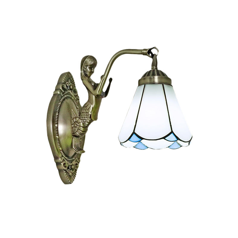 Vivolux | 1 Kopf Kegelförmige Wand sconces Beleuchtung Mission Weiß/Beige Glas Wandmontage Lichtanlage mit Meerjungfrau Rückplatte