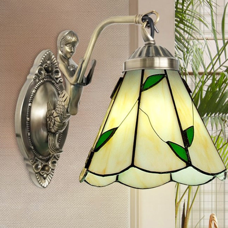Vivolux | 1 Kopf Kegelförmige Wand sconces Beleuchtung Mission Weiß/Beige Glas Wandmontage Lichtanlage mit Meerjungfrau Rückplatte