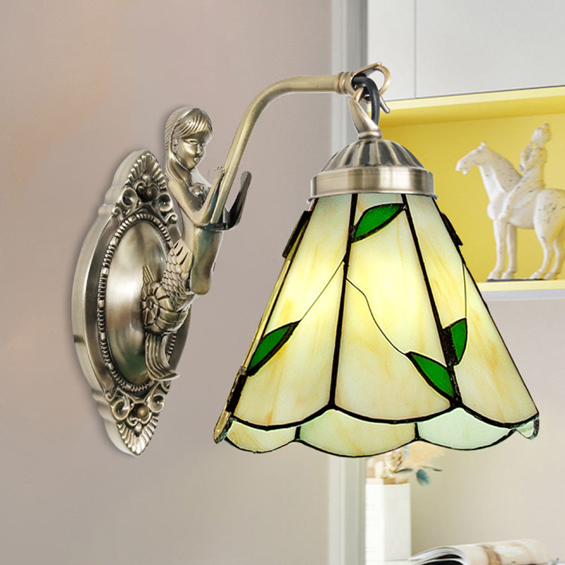 Vivolux | 1 Kopf Kegelförmige Wand sconces Beleuchtung Mission Weiß/Beige Glas Wandmontage Lichtanlage mit Meerjungfrau Rückplatte