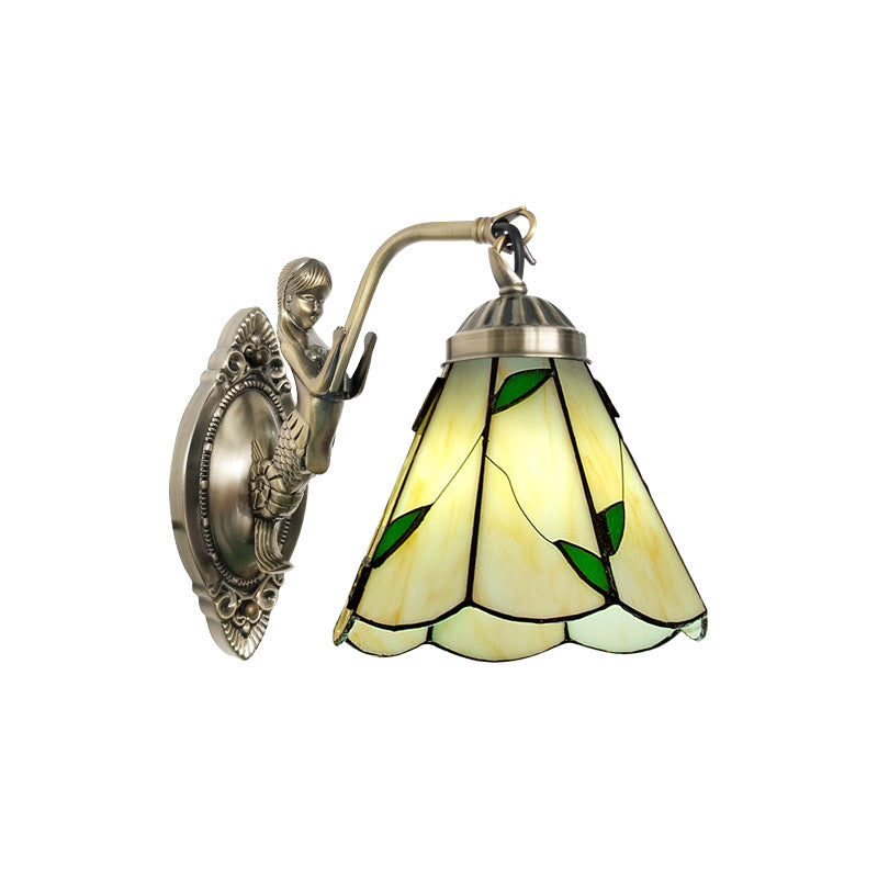 Vivolux | 1 Kopf Kegelförmige Wand sconces Beleuchtung Mission Weiß/Beige Glas Wandmontage Lichtanlage mit Meerjungfrau Rückplatte