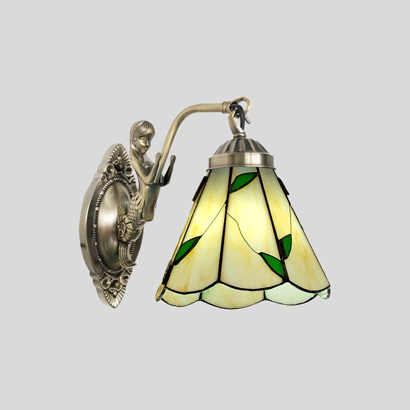 Vivolux | 1 Kopf Kegelförmige Wand sconces Beleuchtung Mission Weiß/Beige Glas Wandmontage Lichtanlage mit Meerjungfrau Rückplatte