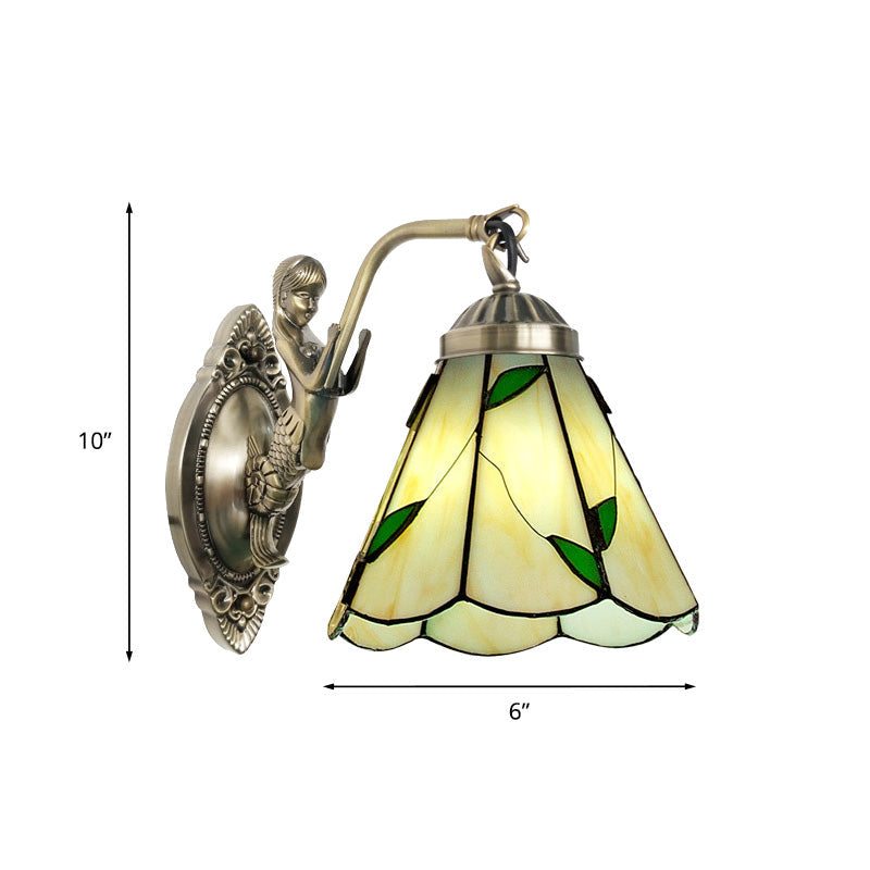 Vivolux | 1 Kopf Kegelförmige Wand sconces Beleuchtung Mission Weiß/Beige Glas Wandmontage Lichtanlage mit Meerjungfrau Rückplatte
