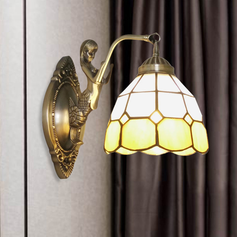 Vivolux | 1 Bulb Woonkamer Wand Gemonteerde Licht Barok Brons Zeemeermin Wandlamp met Raster Koepel Donker/Richtersky Blauw en Witte Glazen Schaduw