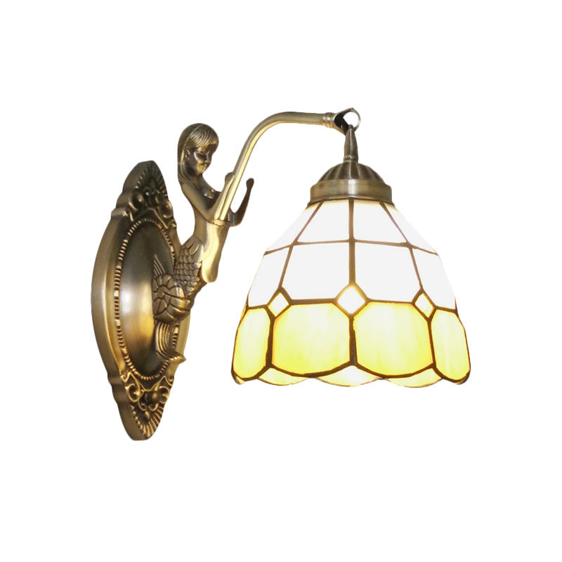 Vivolux | 1 Bulb Woonkamer Wand Gemonteerde Licht Barok Brons Zeemeermin Wandlamp met Raster Koepel Donker/Richtersky Blauw en Witte Glazen Schaduw