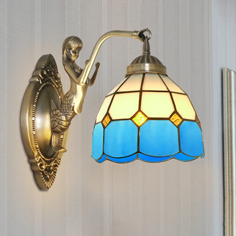 Vivolux | 1 Bulb Woonkamer Wand Gemonteerde Licht Barok Brons Zeemeermin Wandlamp met Raster Koepel Donker/Richtersky Blauw en Witte Glazen Schaduw