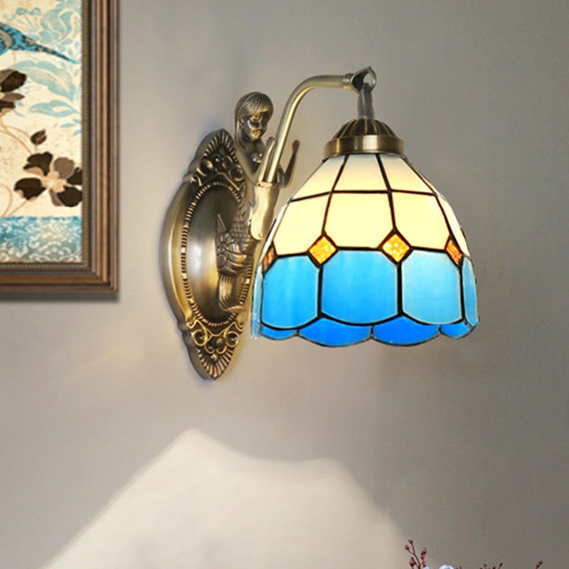 Vivolux | 1 Bulb Woonkamer Wand Gemonteerde Licht Barok Brons Zeemeermin Wandlamp met Raster Koepel Donker/Richtersky Blauw en Witte Glazen Schaduw