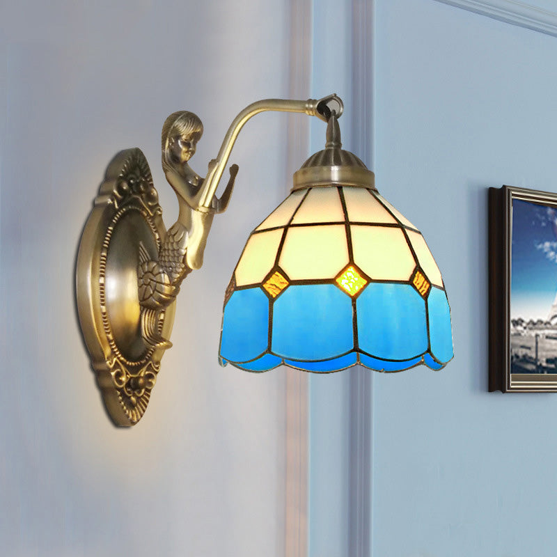 Vivolux | 1 Bulb Woonkamer Wand Gemonteerde Licht Barok Brons Zeemeermin Wandlamp met Raster Koepel Donker/Richtersky Blauw en Witte Glazen Schaduw