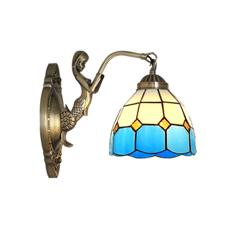 Vivolux | 1 Bulb Woonkamer Wand Gemonteerde Licht Barok Brons Zeemeermin Wandlamp met Raster Koepel Donker/Richtersky Blauw en Witte Glazen Schaduw