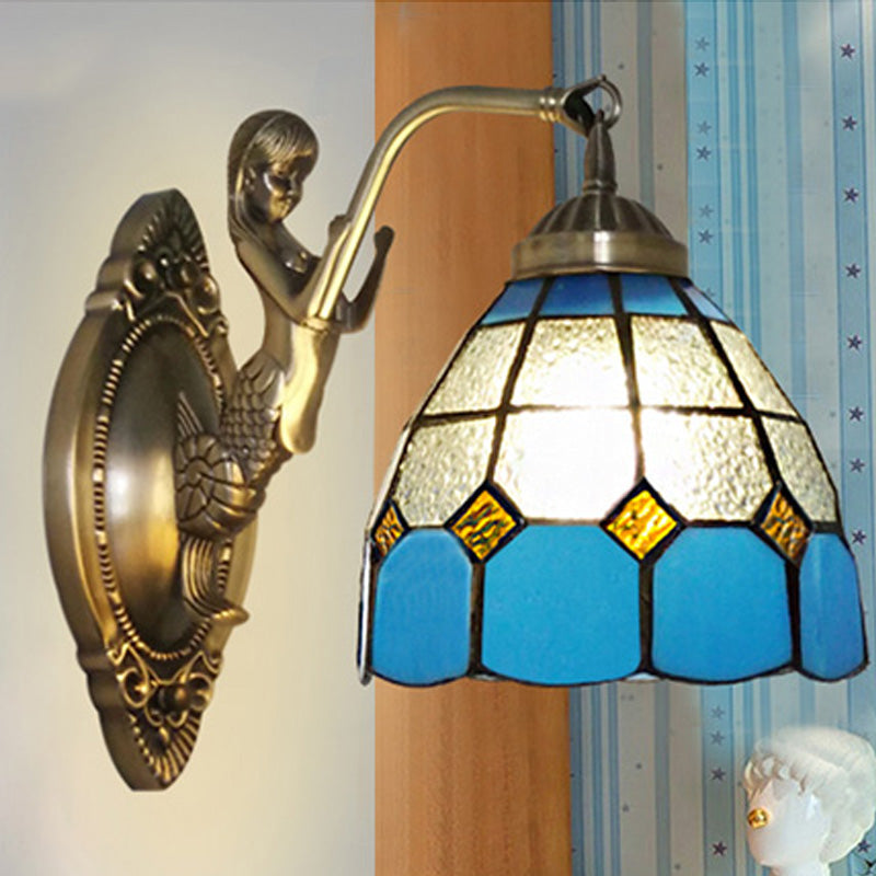 Vivolux | 1 Bulb Woonkamer Wand Gemonteerde Licht Barok Brons Zeemeermin Wandlamp met Raster Koepel Donker/Richtersky Blauw en Witte Glazen Schaduw