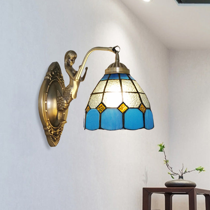Vivolux | 1 Bulb Woonkamer Wand Gemonteerde Licht Barok Brons Zeemeermin Wandlamp met Raster Koepel Donker/Richtersky Blauw en Witte Glazen Schaduw