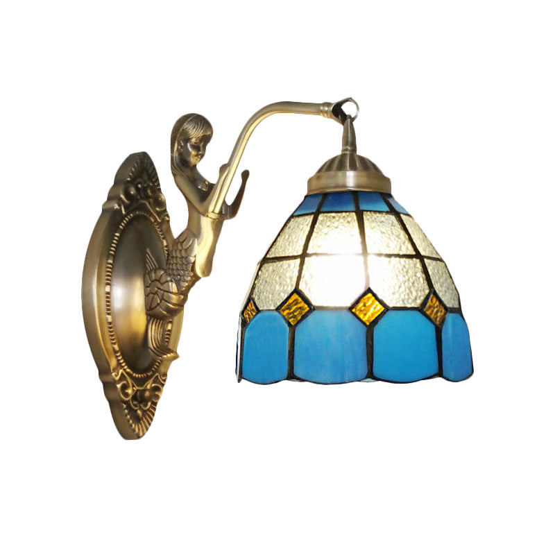 Vivolux | 1 Bulb Woonkamer Wand Gemonteerde Licht Barok Brons Zeemeermin Wandlamp met Raster Koepel Donker/Richtersky Blauw en Witte Glazen Schaduw
