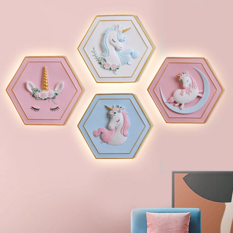 Vivolux | Rosa Unicorn Sconce Beleuchtung mit Hexagon-Design Cartoon LED Harz Zugkette Wandlampe