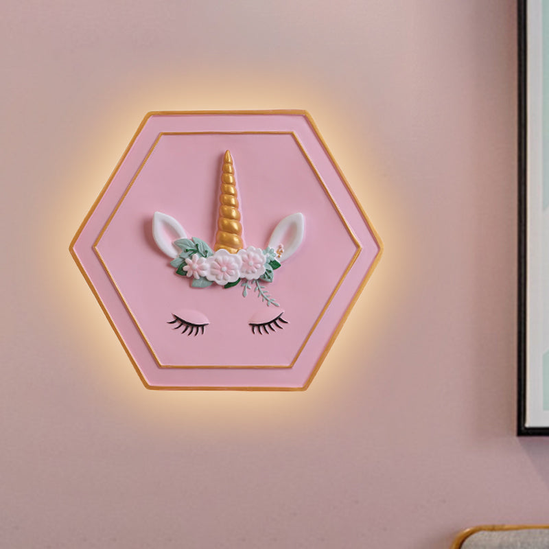Vivolux | Rosa Unicorn Sconce Beleuchtung mit Hexagon-Design Cartoon LED Harz Zugkette Wandlampe