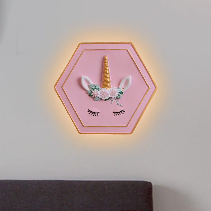 Vivolux | Rosa Unicorn Sconce Beleuchtung mit Hexagon-Design Cartoon LED Harz Zugkette Wandlampe