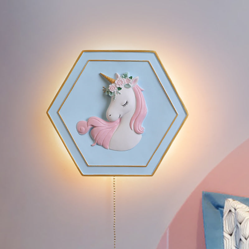 Vivolux | Rosa Unicorn Sconce Beleuchtung mit Hexagon-Design Cartoon LED Harz Zugkette Wandlampe