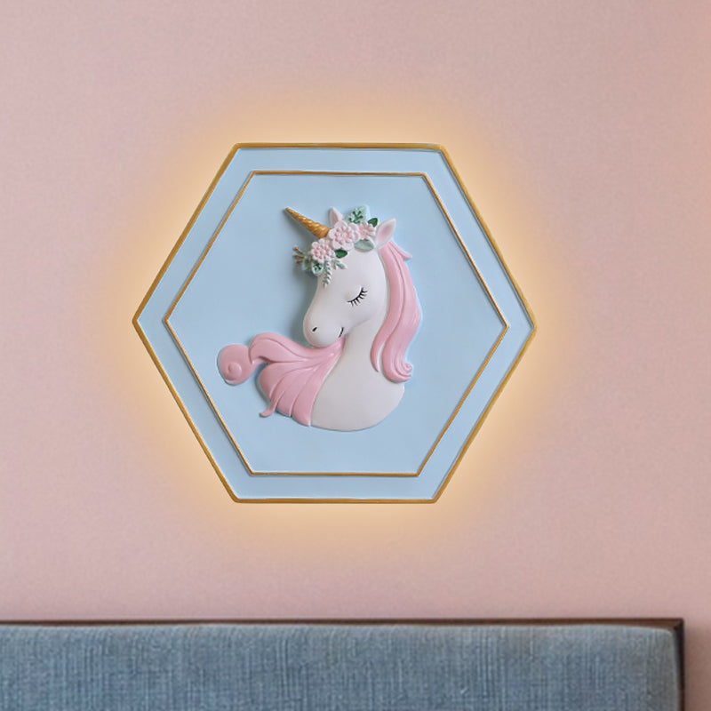 Vivolux | Rosa Unicorn Sconce Beleuchtung mit Hexagon-Design Cartoon LED Harz Zugkette Wandlampe