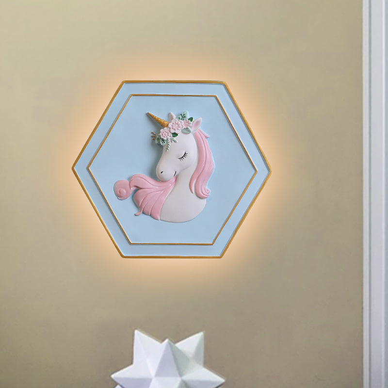 Vivolux | Rosa Unicorn Sconce Beleuchtung mit Hexagon-Design Cartoon LED Harz Zugkette Wandlampe