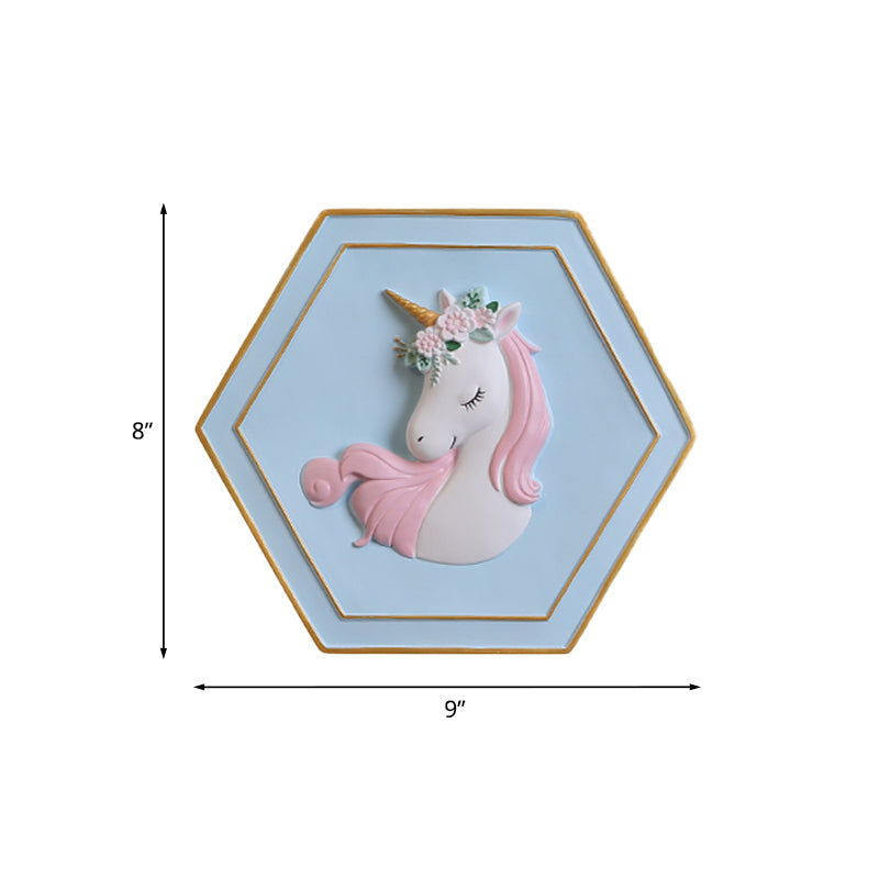 Vivolux | Rosa Unicorn Sconce Beleuchtung mit Hexagon-Design Cartoon LED Harz Zugkette Wandlampe
