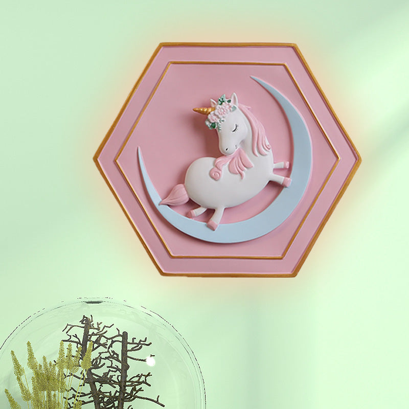 Vivolux | Rosa Unicorn Sconce Beleuchtung mit Hexagon-Design Cartoon LED Harz Zugkette Wandlampe