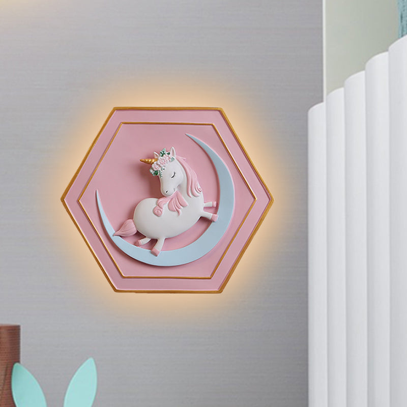 Vivolux | Rosa Unicorn Sconce Beleuchtung mit Hexagon-Design Cartoon LED Harz Zugkette Wandlampe