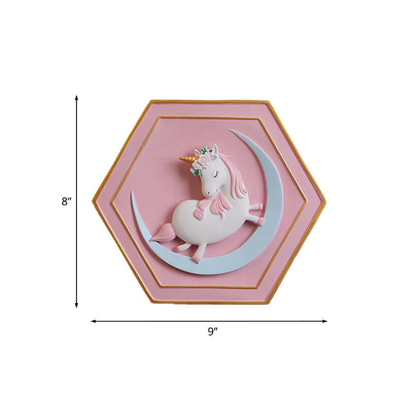 Vivolux | Rosa Unicorn Sconce Beleuchtung mit Hexagon-Design Cartoon LED Harz Zugkette Wandlampe