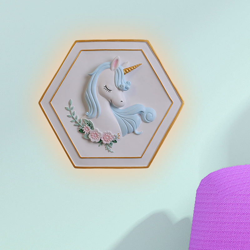 Vivolux | Rosa Unicorn Sconce Beleuchtung mit Hexagon-Design Cartoon LED Harz Zugkette Wandlampe