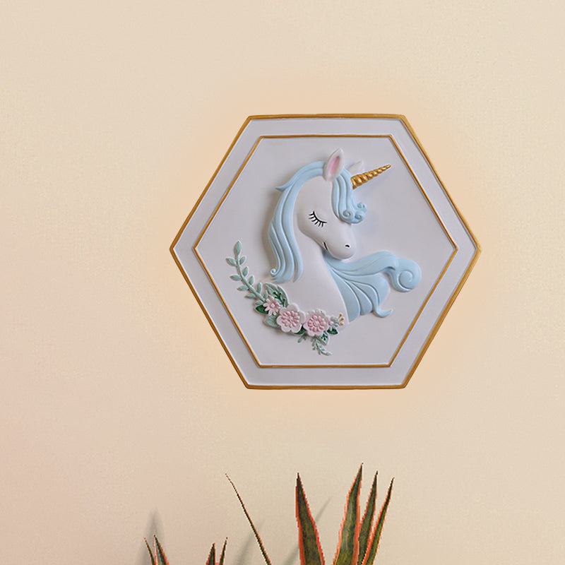Vivolux | Rosa Unicorn Sconce Beleuchtung mit Hexagon-Design Cartoon LED Harz Zugkette Wandlampe
