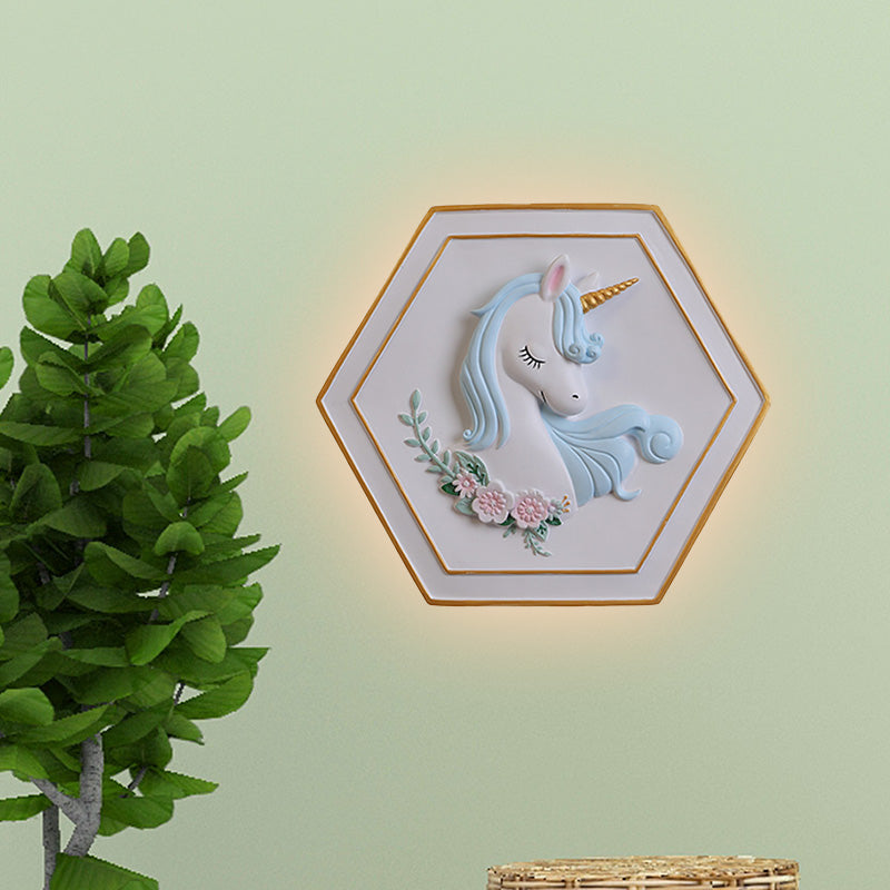 Vivolux | Rosa Unicorn Sconce Beleuchtung mit Hexagon-Design Cartoon LED Harz Zugkette Wandlampe