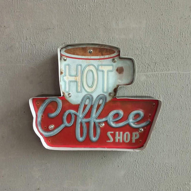 Vivolux | Retro LED Wandmontage Licht Rote Kaffeetasse/Weiße Milchflasche Beschilderung Nachtlampe mit Eisen-Schirm für Geschäft