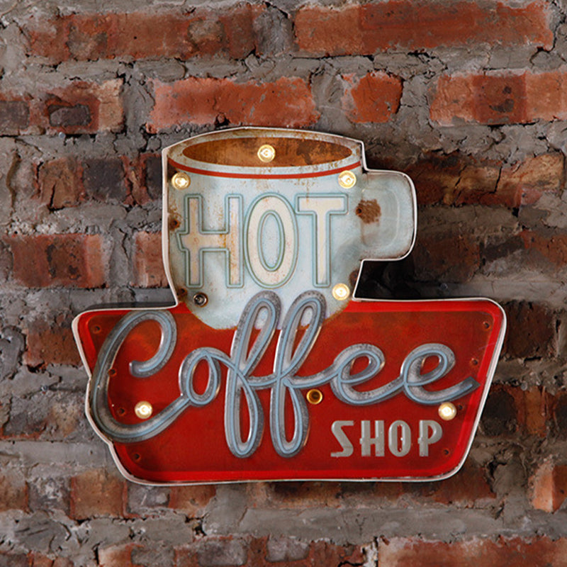 Vivolux | Retro LED Wandmontage Licht Rote Kaffeetasse/Weiße Milchflasche Beschilderung Nachtlampe mit Eisen-Schirm für Geschäft