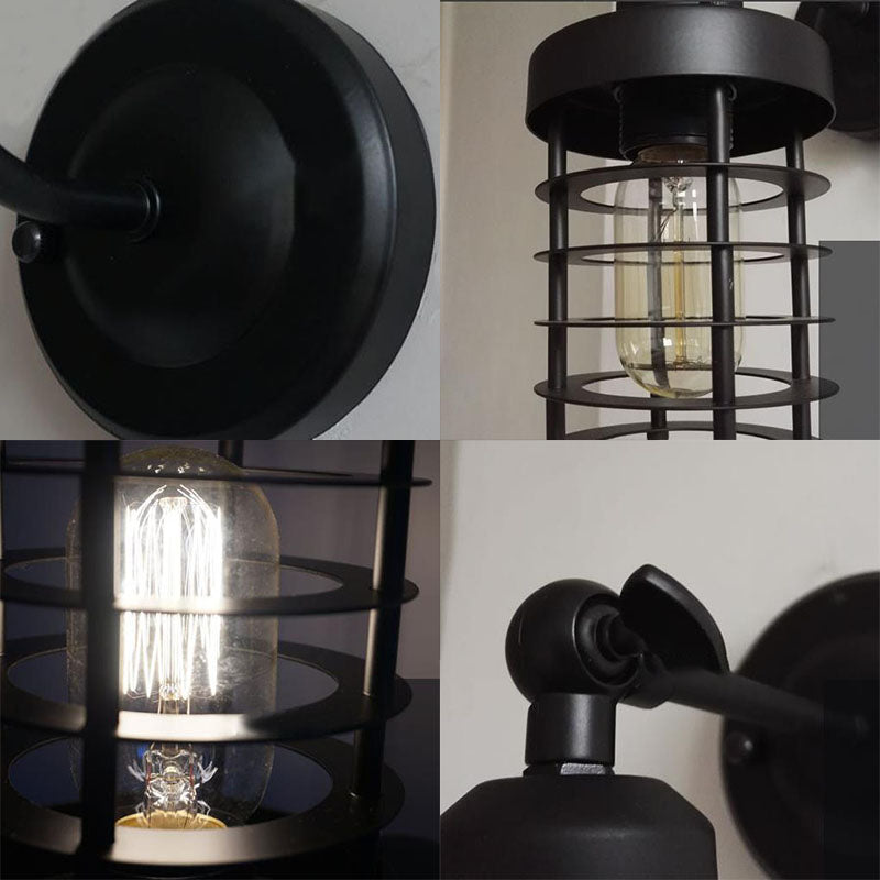 Vivolux | 1 Kopf Wandbeleuchtung mit Drahtkäfig Metall Vintage Stil Treppen Wandleuchte Licht Einrichtung in Schwarz