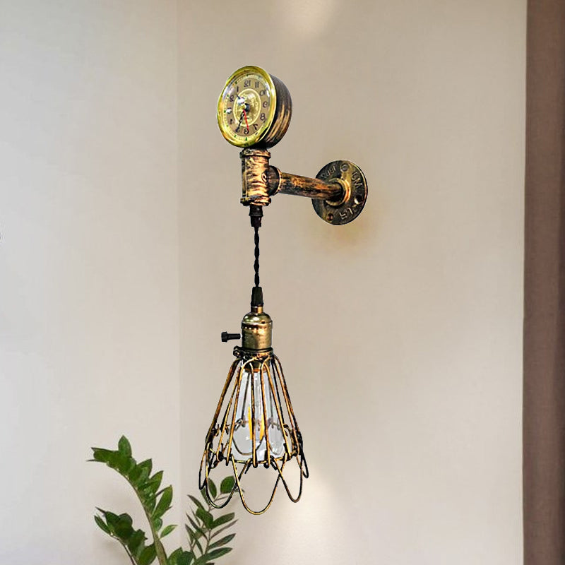 Vivolux | 1 Glühbirne Metall Wandlampe Bauernhaus Gealtertes Messing/schwarzer Drahtrahmen Flur Wandleuchte mit Messgerät