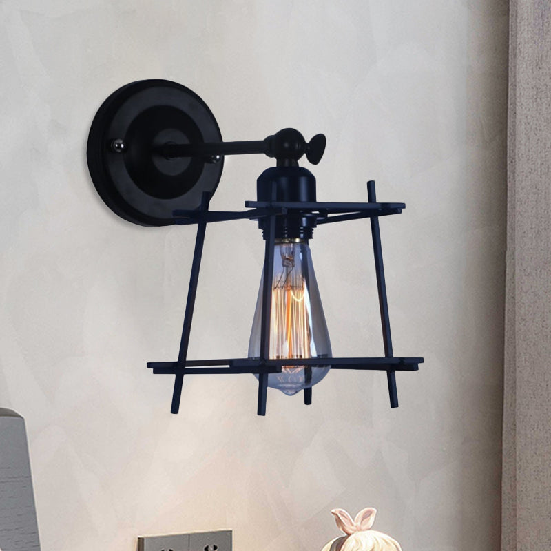 Vivolux | 1 Kopf Wandlicht Retro Stil Kubische Shade Metall Wand Sconce Lampe mit Drahtschutz in Schwarz für Schlafzimmer