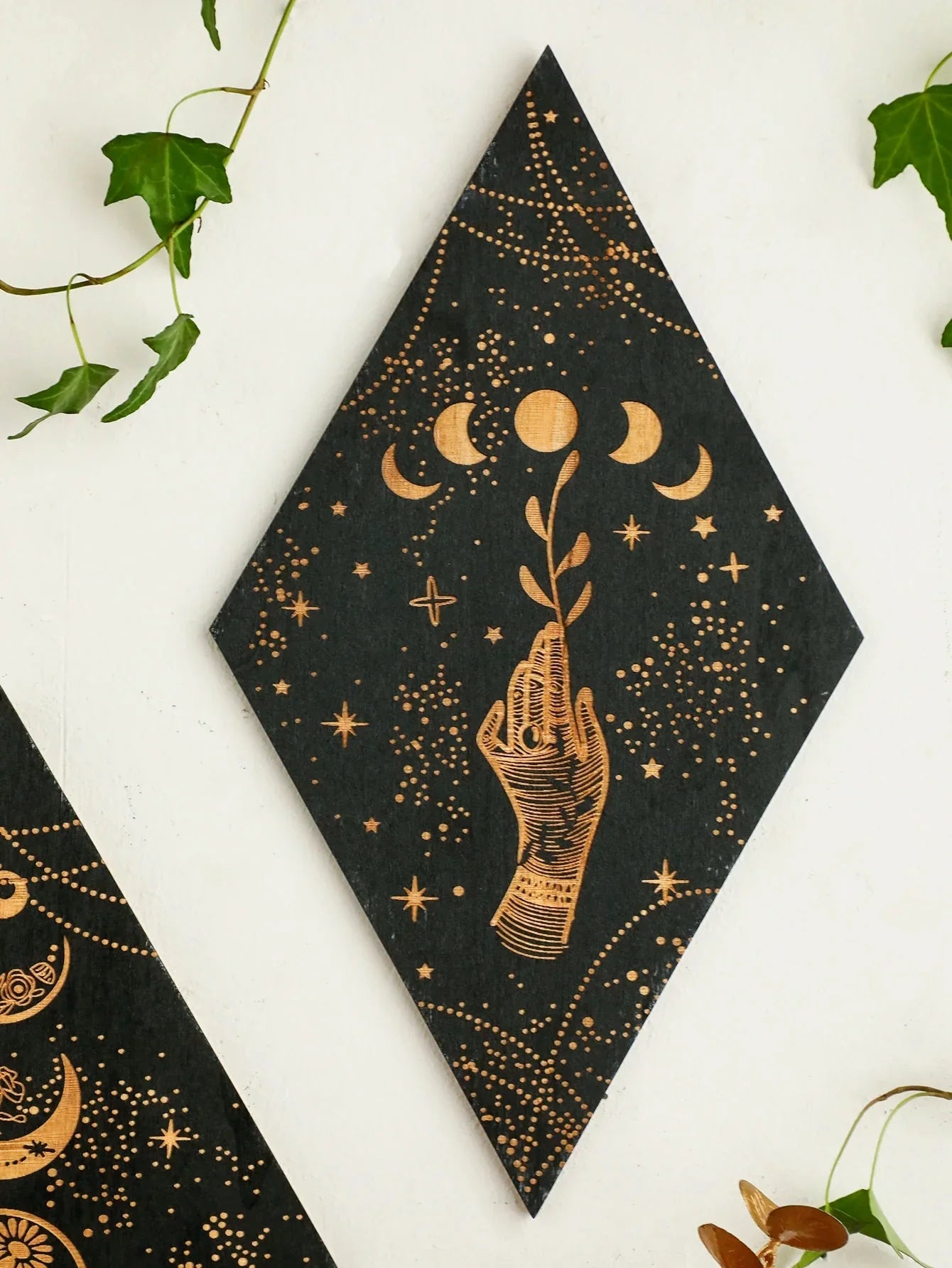 Vivolux | Schwarze Mondphasen Holz Wanddekoration Rhombus Wandkunst Boho Wohnkultur Hexe Wandbehang Dekoration Raumdekor Ästhetisches Geschenk