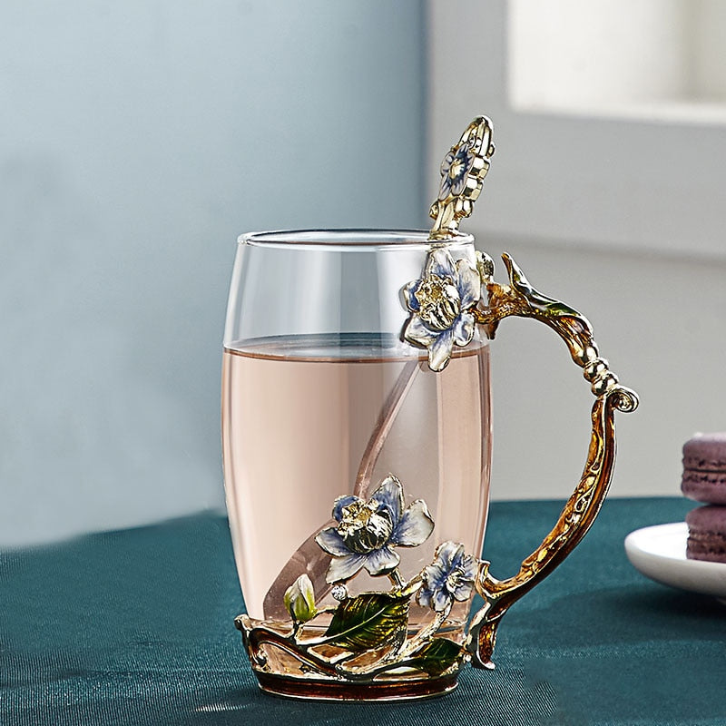 Vivolux | Handgefertigte Emaille-Blumen-Glasmugge für Paare Liebesgeschenk kann Kaffee, aromatisierten Tee oder sogar Zitronensaft servieren in