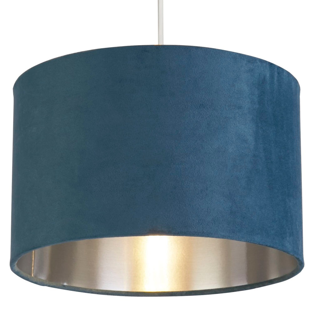 Vivolux | Teal Blue Velvet Vintage Easy Fit Drum Shade mit Silber Innenseite 28cm