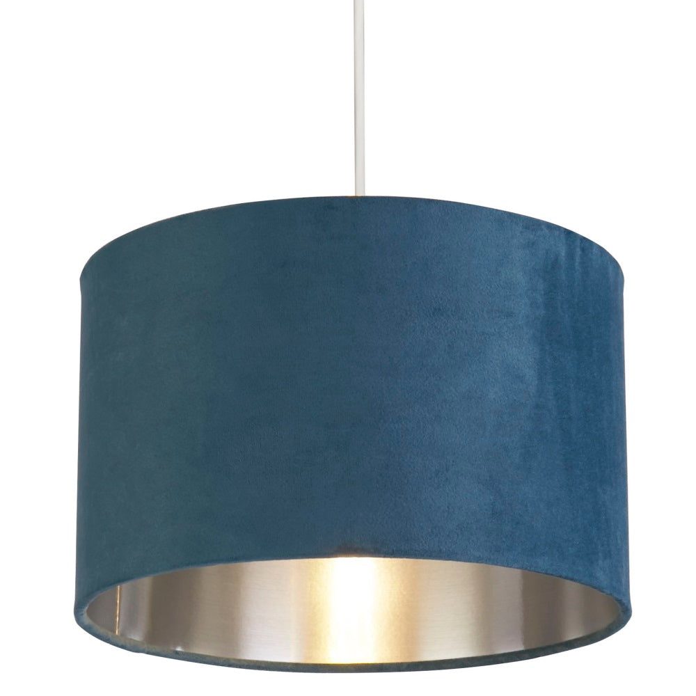 Vivolux | Teal Blue Velvet Vintage Easy Fit Drum Shade mit Silber Innenseite 28cm