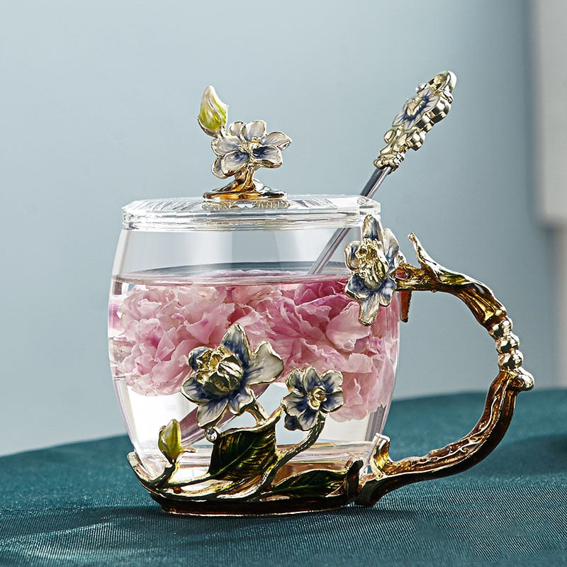 Vivolux | Handgefertigte Emaille-Blumen-Glasmugge für Paare Liebesgeschenk kann Kaffee, aromatisierten Tee oder sogar Zitronensaft servieren in
