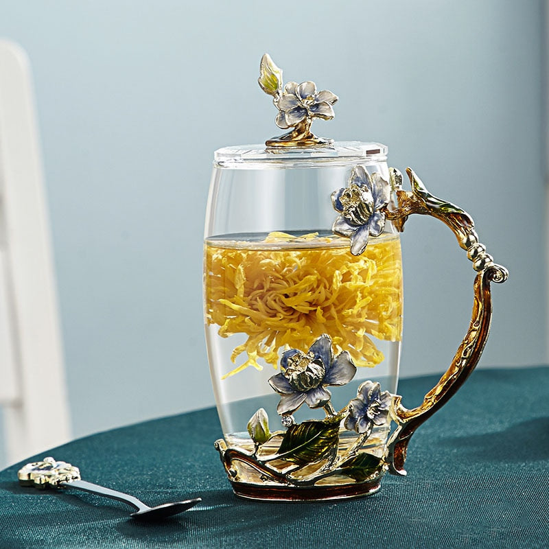 Vivolux | Handgefertigte Emaille-Blumen-Glasmugge für Paare Liebesgeschenk kann Kaffee, aromatisierten Tee oder sogar Zitronensaft servieren in