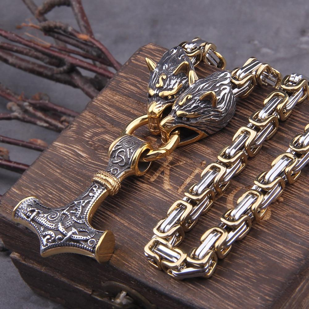 60–90 cm Edelstahl Doppel Wolfskopf & Mjolnir Überlebensgeist Halskette/Armband