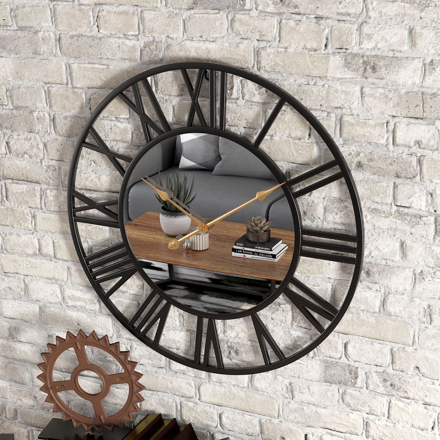 Metall Vintage Große Größe Wanduhr mit Spiegel 39cm