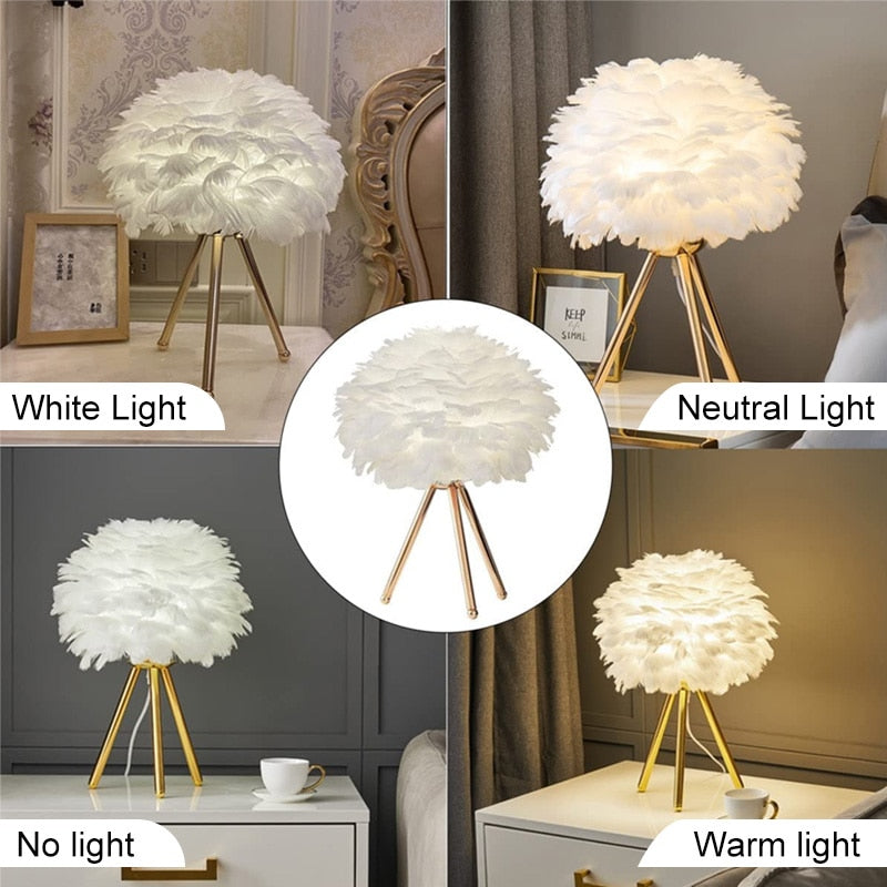 Vivolux | Romantische Feder Tischlampe Moderne Nachttischlampe Wohnzimmer Kaffeehaus Dekoration Hochzeit Weihnachtsgeschenk Straußfeder Licht