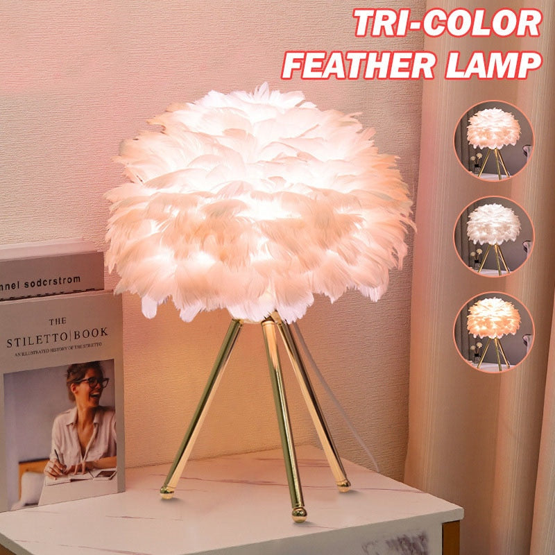 Vivolux | Romantische Feder Tischlampe Moderne Nachttischlampe Wohnzimmer Kaffeehaus Dekoration Hochzeit Weihnachtsgeschenk Straußfeder Licht