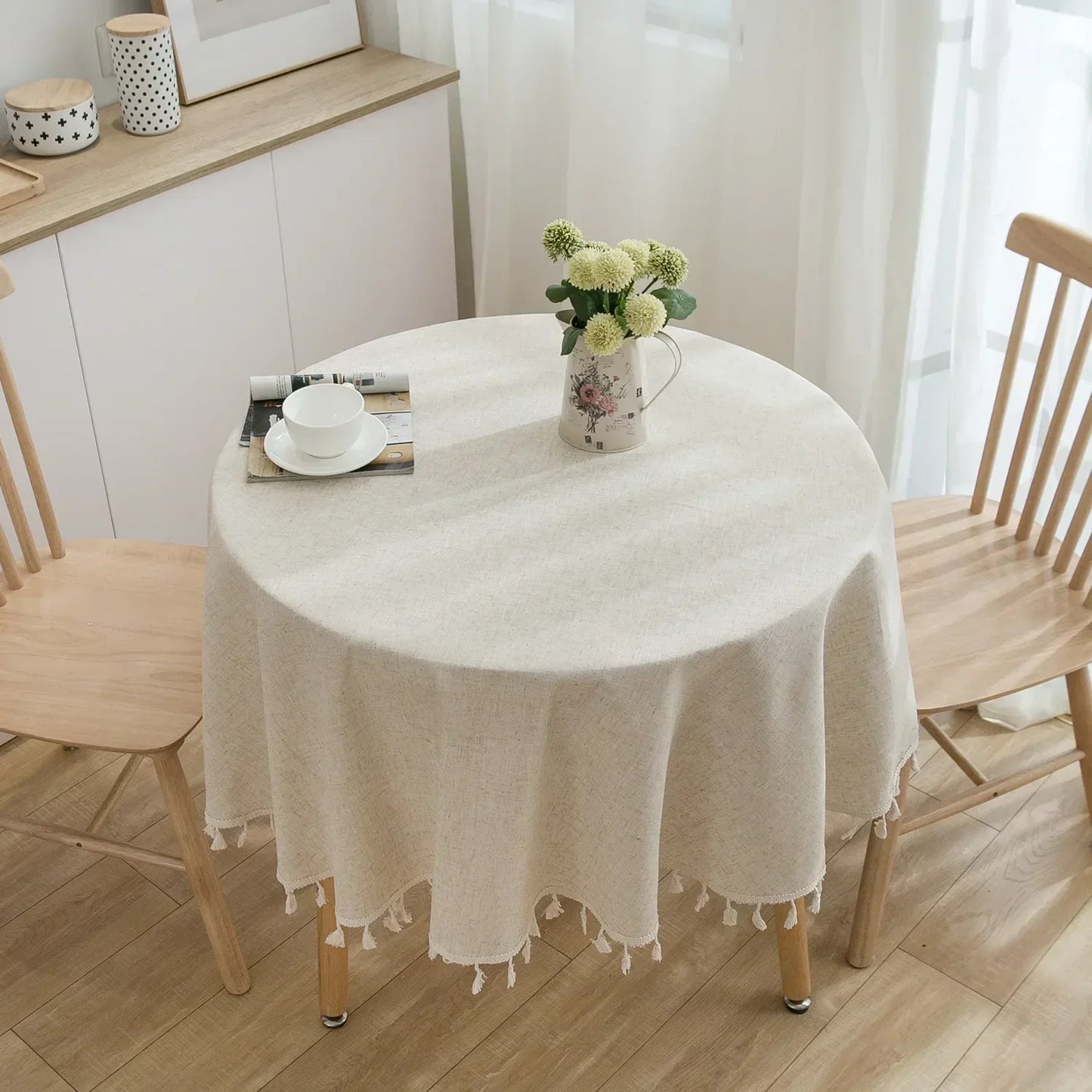 Vivolux | Runde Leinen-Baumwoll-Tischdecke mit Quasten