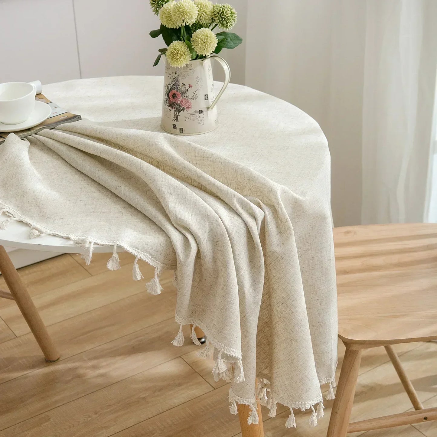 Vivolux | Runde Leinen-Baumwoll-Tischdecke mit Quasten